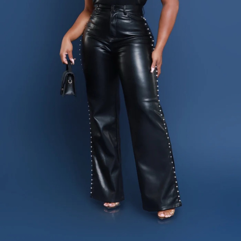 Black Sides Pearled Lined Wide Leg High-Waisted Faux Leather Pants